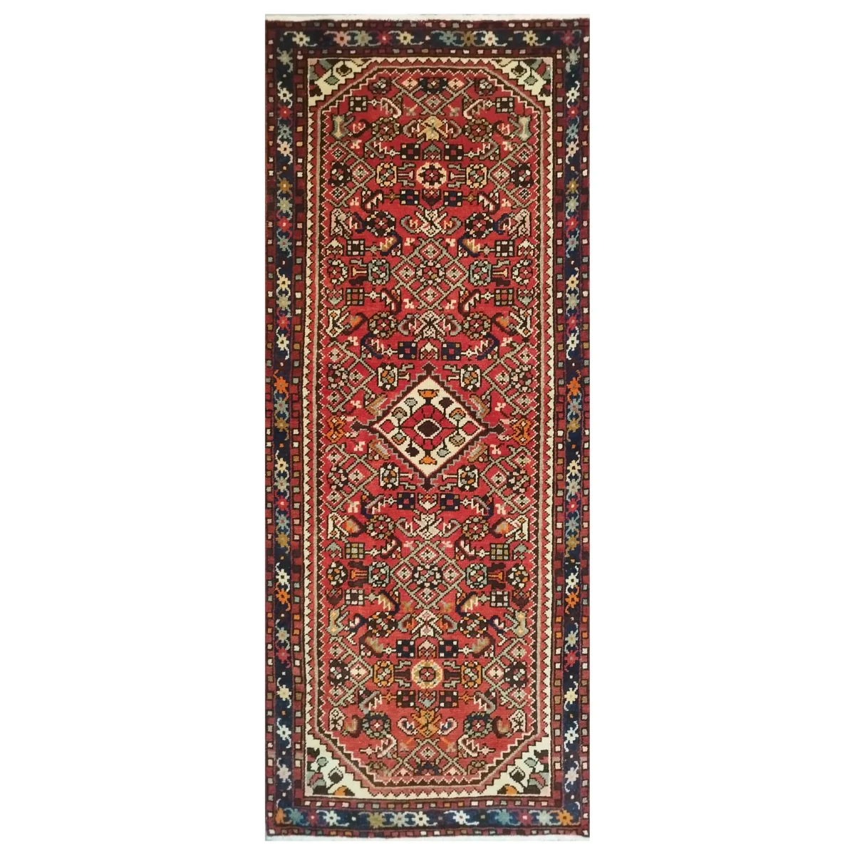 نمای کامل فرش کناره دستبافت همدان 2 متری با رنگ‌بندی گرم و طرح اصیل ایرانی، مناسب راهرو، کنار تخت و ورودی خانه