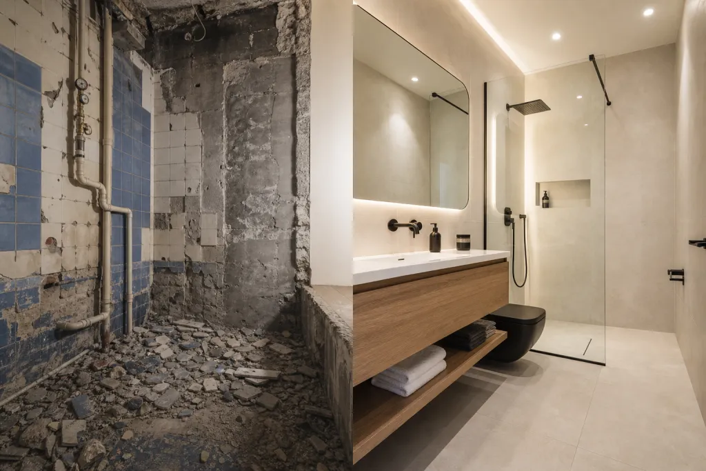 a toilet before and after the renovation