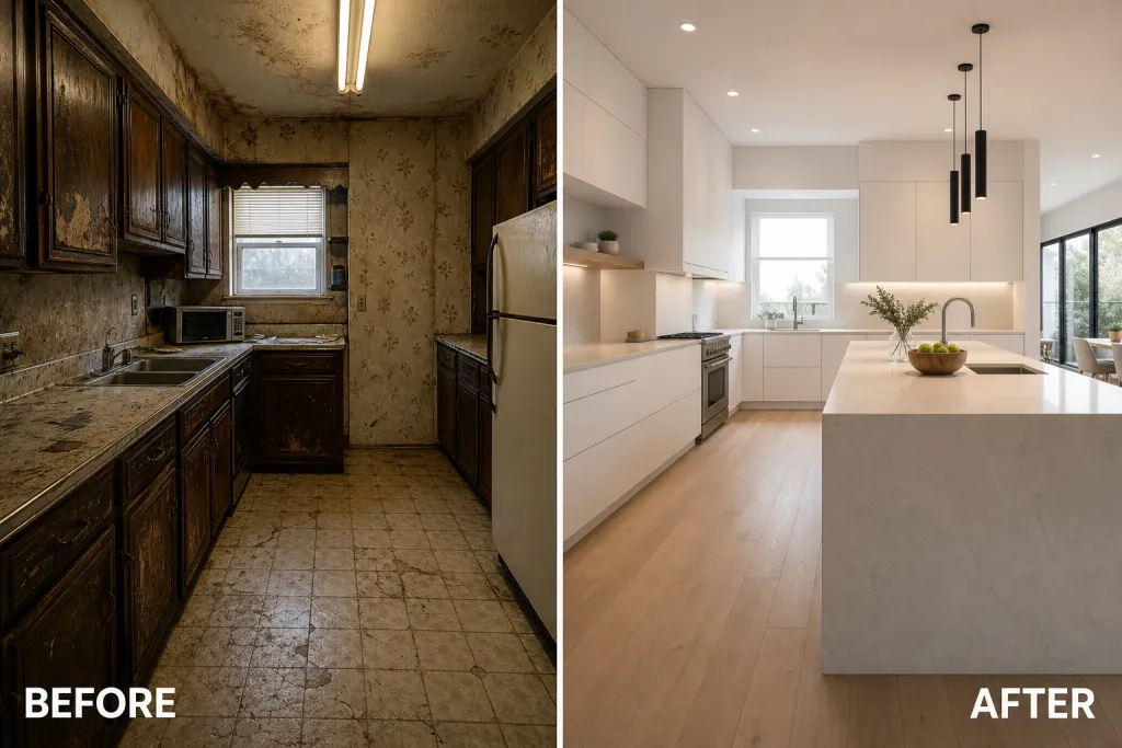 an image of a kitchen before and after the renovation