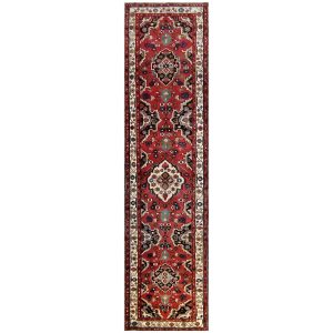 فرش دستبافت راهرو همدان لاکی با نقوش هندسی سنتی و حاشیه کرم