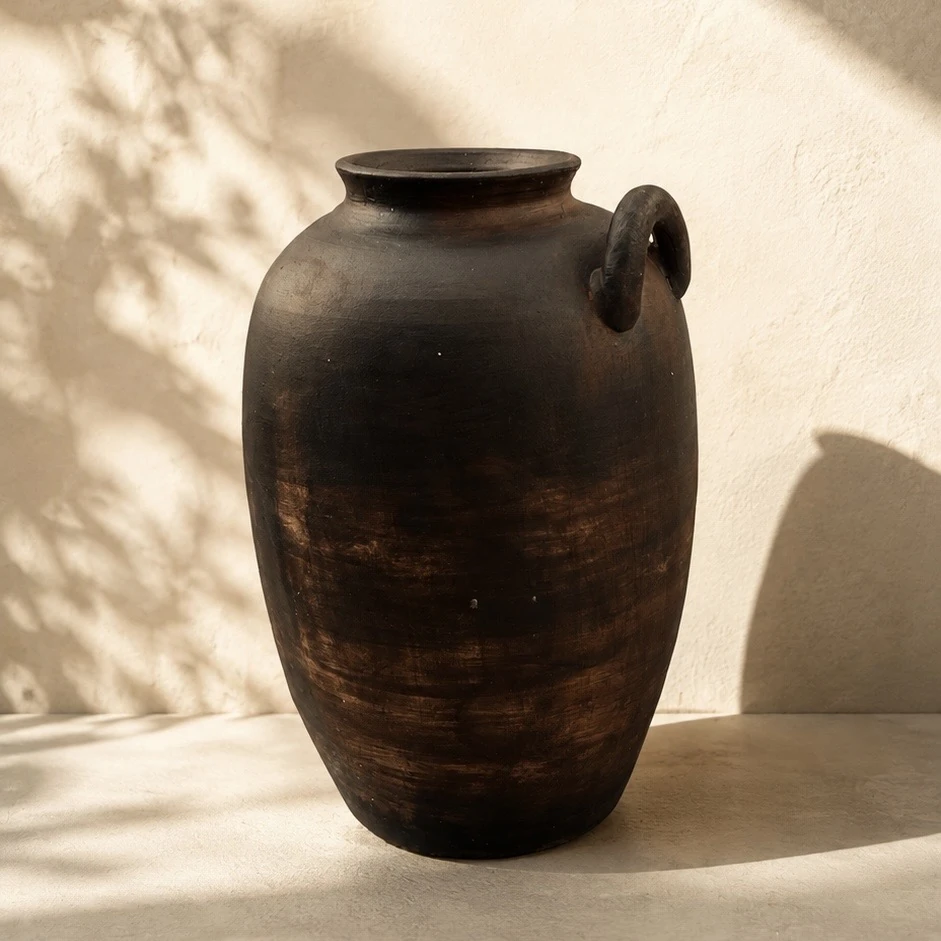 کوزه ی سفالی تک دسته مدرن دکوراتیو با پتینه قهوه‌ای سوخته روی میز چوبی عنوان تصویر: کوزه ی سفالی تک دسته مدرن