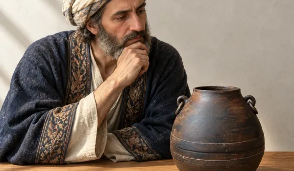 خیام در حال نگاه کردن به کوزه سفالی دو دسته دکوراتیو